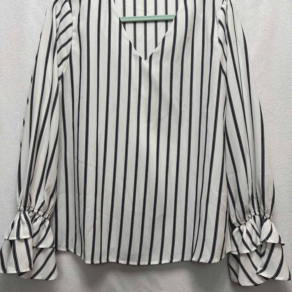 Striped V-Neck Blouse with Ruffled Sleeves